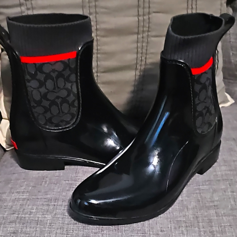 Coach Black and Red Rain Boots - Picture 1 of 5